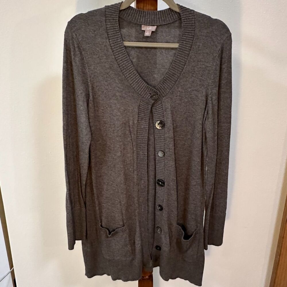 J Jill Women’s Long Button Cardigan Gray Knit Sweater Medium